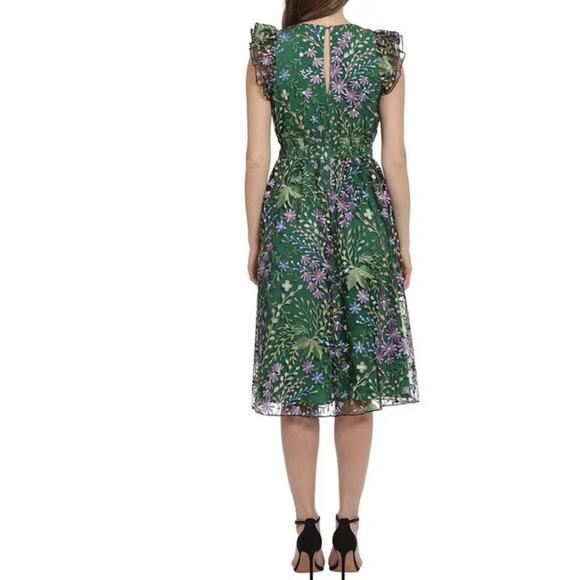 Maggie London Green Floral Embroidered Ruffle Sleeveless A-Line Midi Dress 10 - Picture 4 of 10